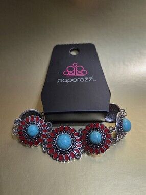 Paparazzi Turquoise and Red Floral Concho Bracelet